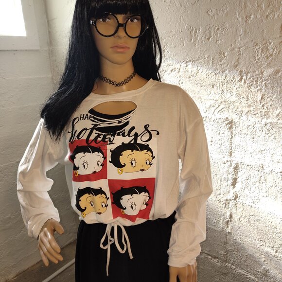Popular Sports Betty Boop Graphic Long Sleeve Distressed Cropped T-Shirt Size L - Picture 10 of 10